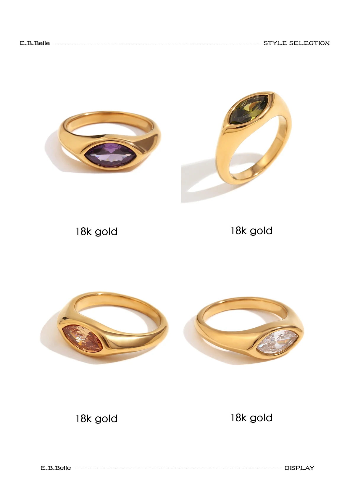 E.B.belle Horse Eye Zircon Seal Ring Colorful Hypoallergenic 316L Stainless Steel Decoration 18K Gold Plated Jewelry