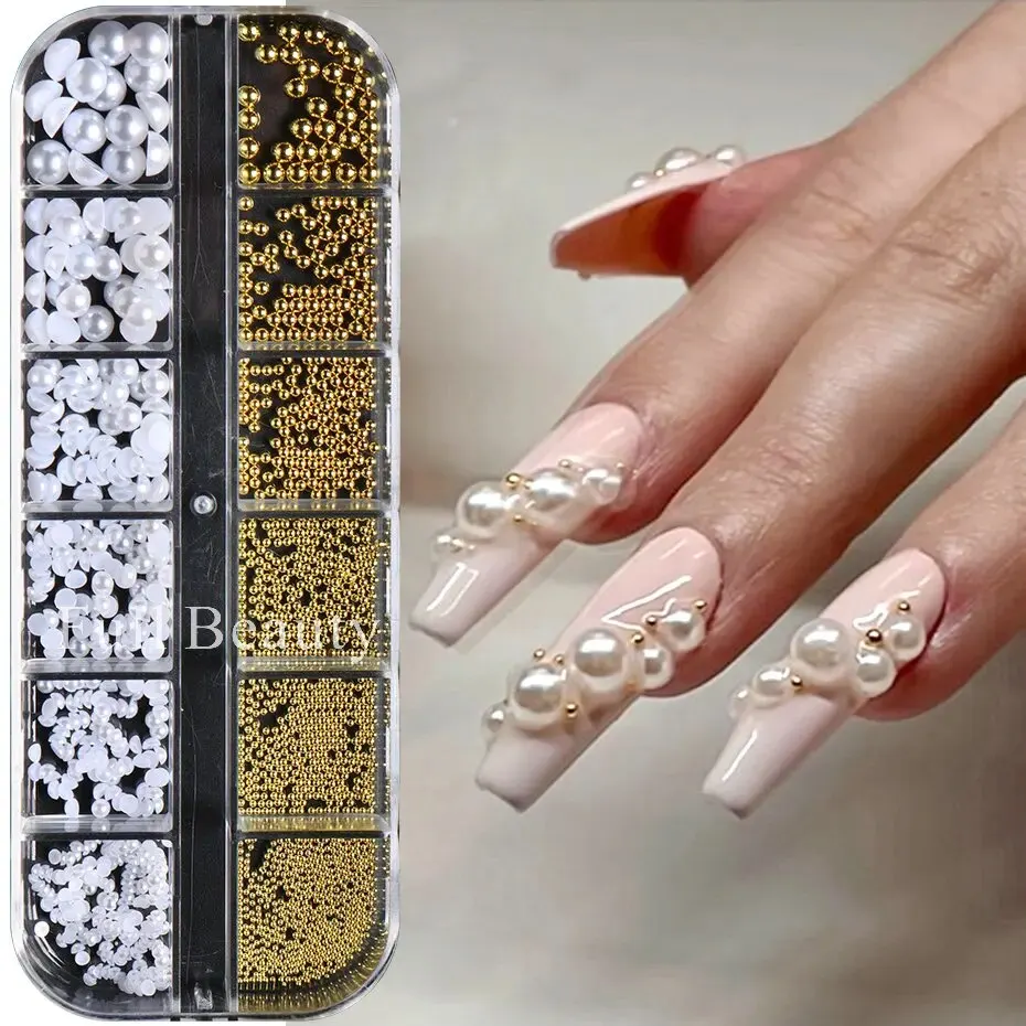 12 Grids White Pearls Nail Charms Caviar Beads Decorations Half Pearls Nail Jewelry Parts DIY Ornaments Manicure Accessories