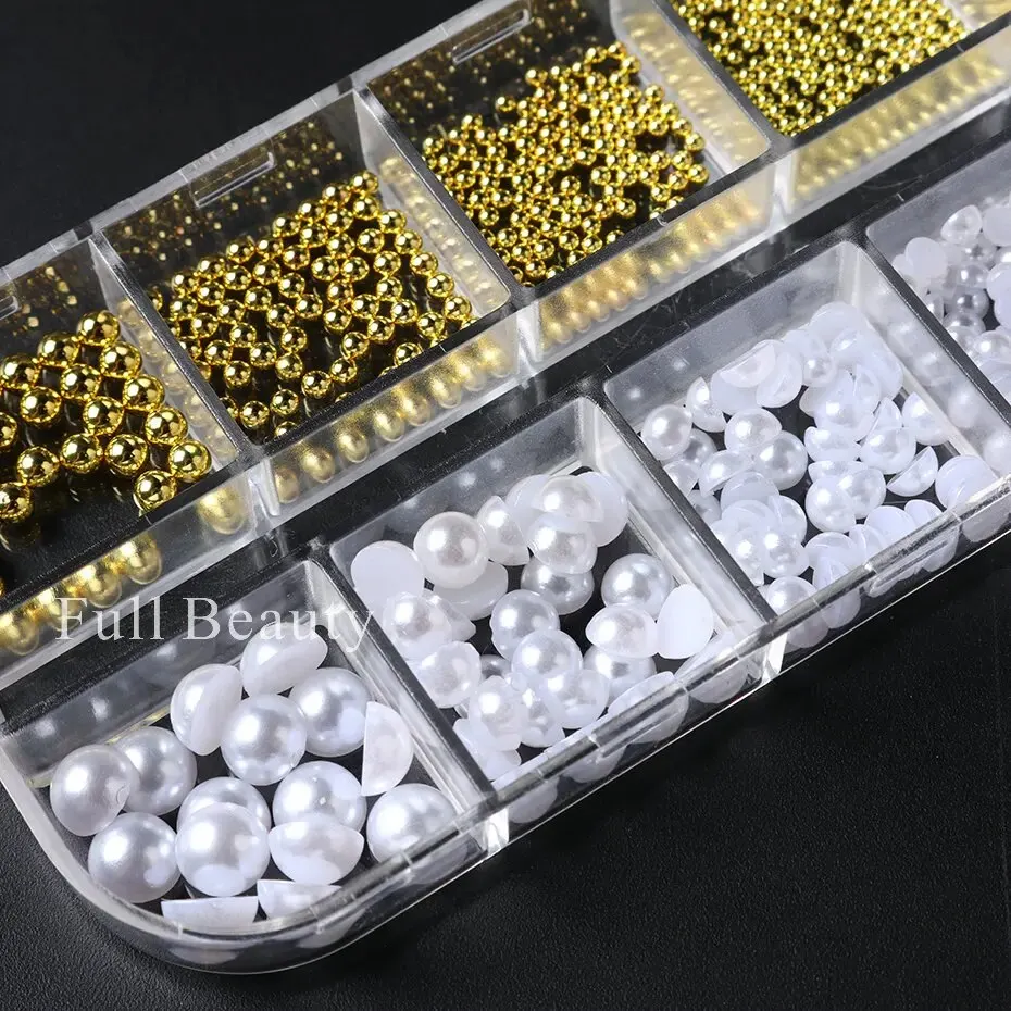 12 Grids White Pearls Nail Charms Caviar Beads Decorations Half Pearls Nail Jewelry Parts DIY Ornaments Manicure Accessories