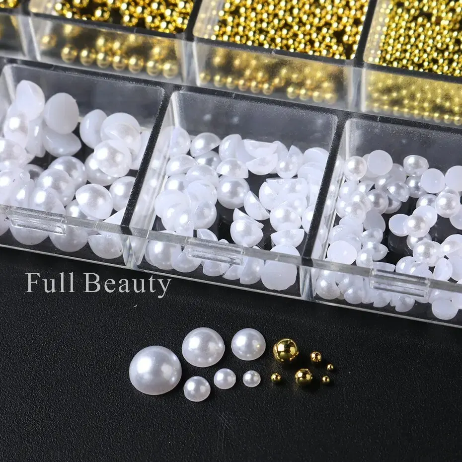 12 Grids White Pearls Nail Charms Caviar Beads Decorations Half Pearls Nail Jewelry Parts DIY Ornaments Manicure Accessories