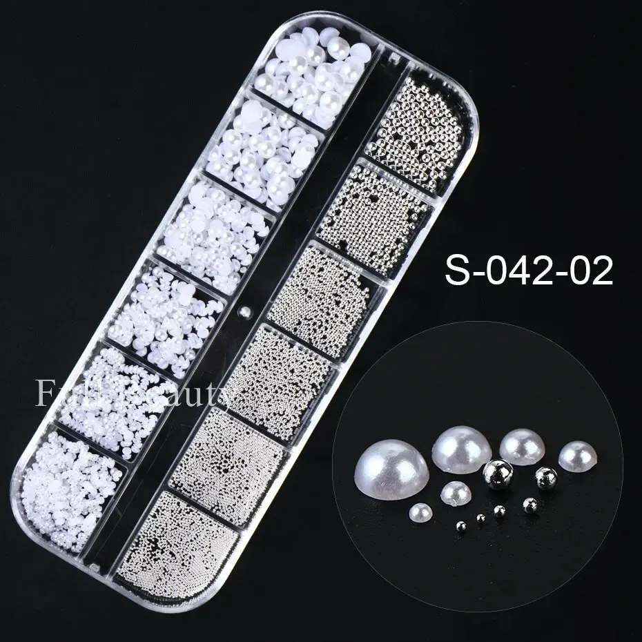 12 Grids White Pearls Nail Charms Caviar Beads Decorations Half Pearls Nail Jewelry Parts DIY Ornaments Manicure Accessories