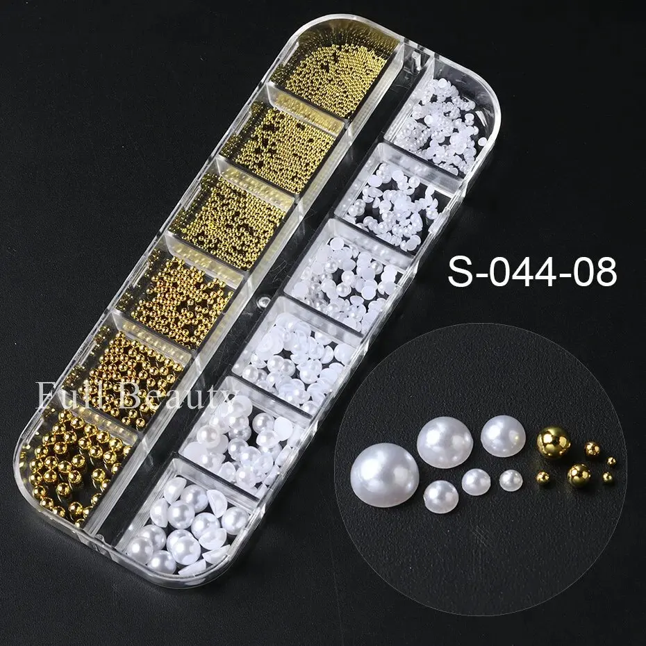 12 Grids White Pearls Nail Charms Caviar Beads Decorations Half Pearls Nail Jewelry Parts DIY Ornaments Manicure Accessories