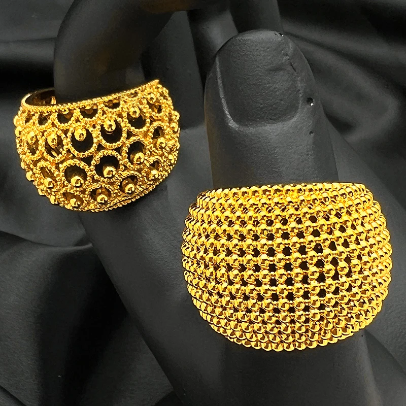 ANIID Dubai 24k Gold Color Big Ring For Women Resizable Brazilian Wedding Bride Arabic Ethiopian Finger Cuff Ring Jewellery