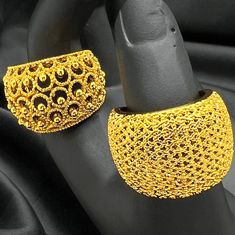 ANIID Dubai 24k Gold Color Big Ring For Women Resizable Brazilian Wedding Bride Arabic Ethiopian Finger Cuff Ring Jewellery