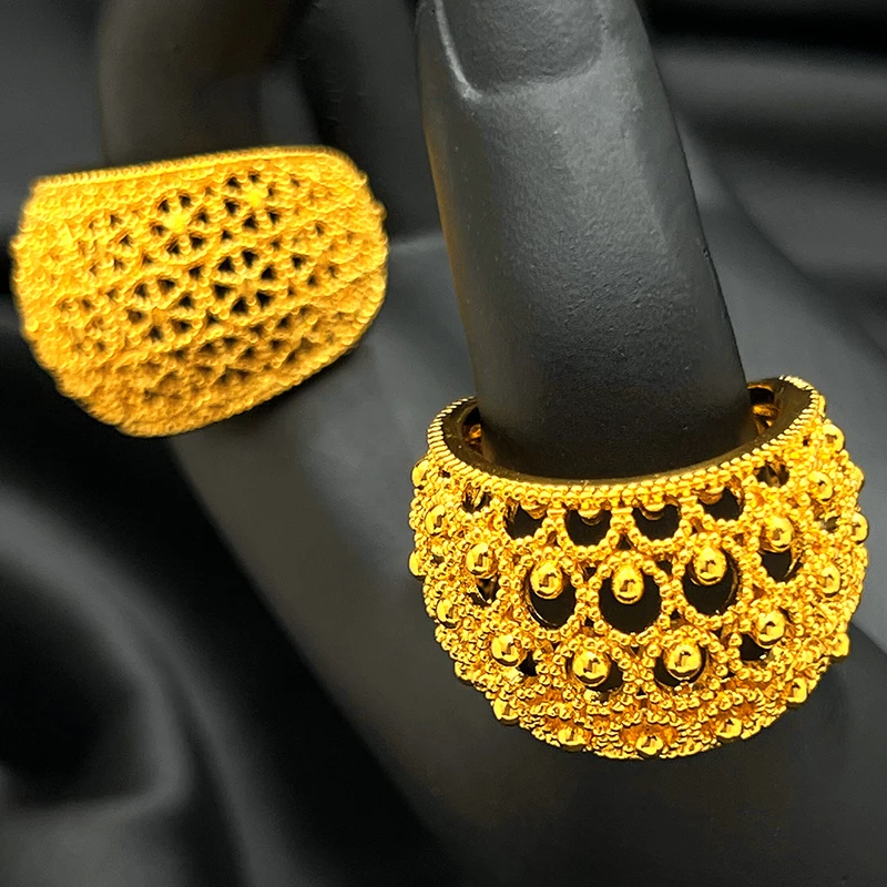 ANIID Dubai 24k Gold Color Big Ring For Women Resizable Brazilian Wedding Bride Arabic Ethiopian Finger Cuff Ring Jewellery