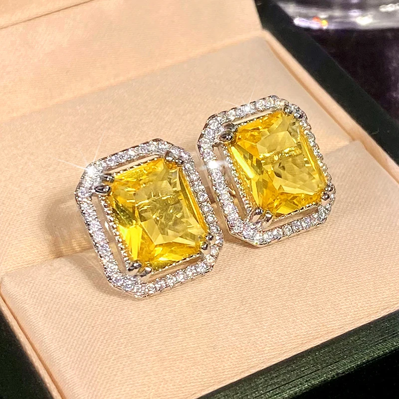 Huitan Square Yellow Cubic Zirconia Stud Earrings for Women Bright Earrings Wedding Party Temperament Elegant Female Accessories