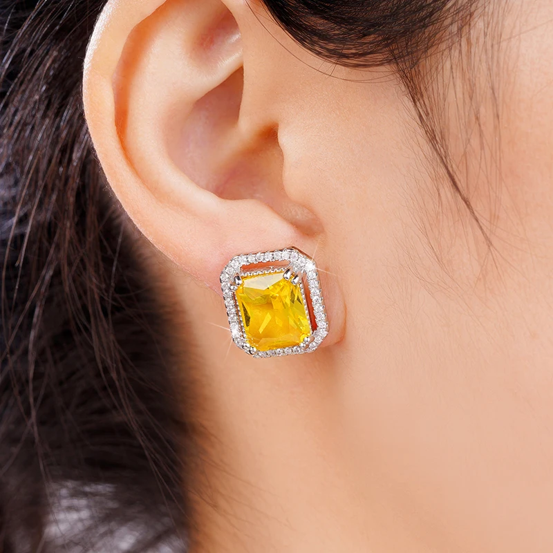 Huitan Square Yellow Cubic Zirconia Stud Earrings for Women Bright Earrings Wedding Party Temperament Elegant Female Accessories