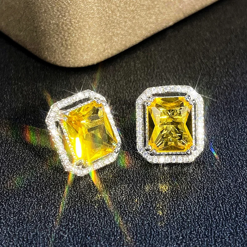 Huitan Square Yellow Cubic Zirconia Stud Earrings for Women Bright Earrings Wedding Party Temperament Elegant Female Accessories