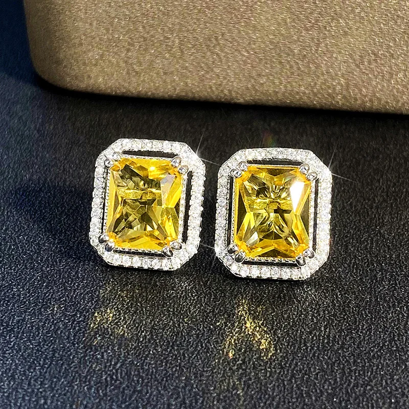 Huitan Square Yellow Cubic Zirconia Stud Earrings for Women Bright Earrings Wedding Party Temperament Elegant Female Accessories