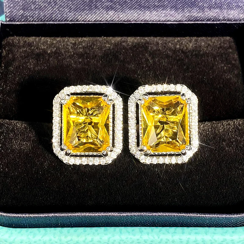 Huitan Square Yellow Cubic Zirconia Stud Earrings for Women Bright Earrings Wedding Party Temperament Elegant Female Accessories