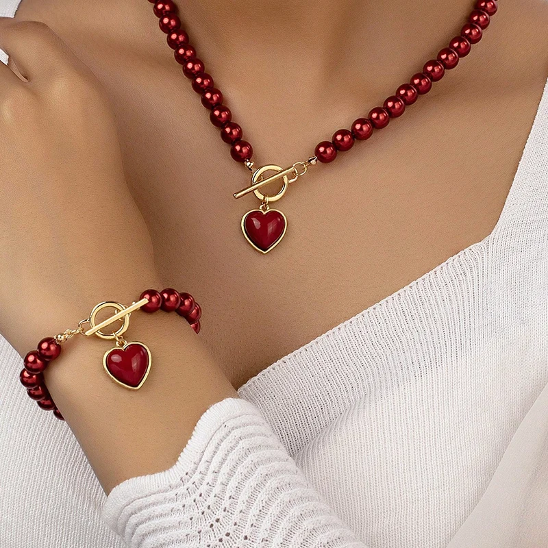 2 Pcs Immitation Pearl Necklace Bracelet Jewelry Set Elegant Pearl Color Pendant Natural Color Beads Collar For Girl