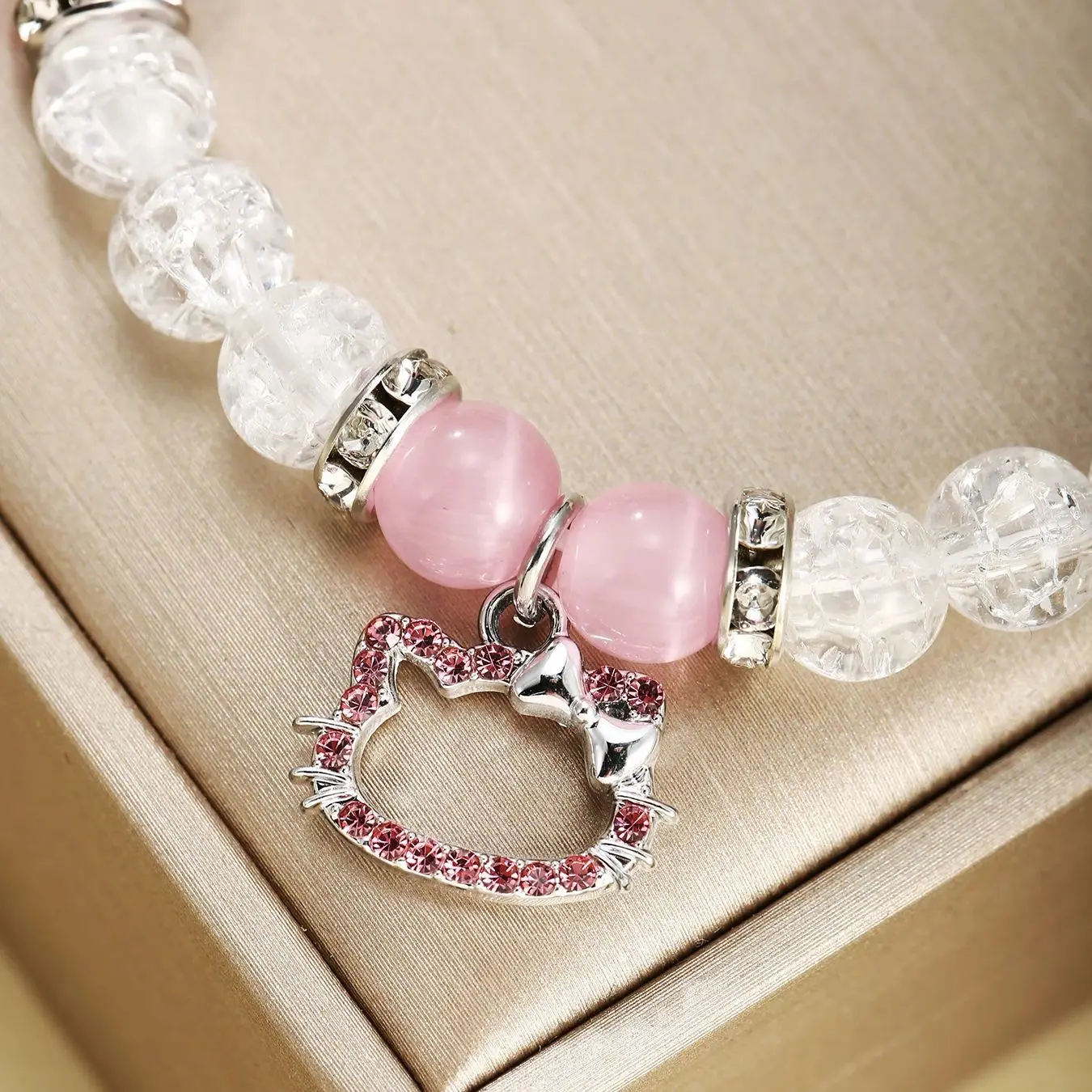 2 pcs of Blue and Pink Beads Cute cat Pendant Heart Shape Magnet Elastic Couple's Bracelets, Bff Trendy Jewelry Gifts