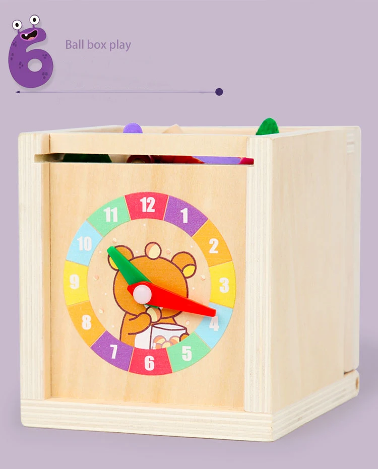 6-in-1 Wooden Montessori Toy Play Kit Object Permanence Box Play Set with Coin Box Carrot Harvest Shape Sorter Ball Drop Toy