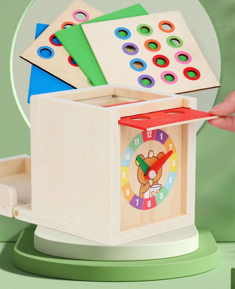 6-in-1 Wooden Montessori Toy Play Kit Object Permanence Box Play Set with Coin Box Carrot Harvest Shape Sorter Ball Drop Toy