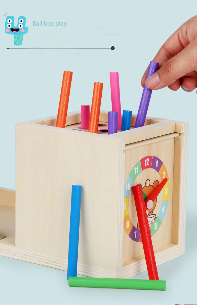 6-in-1 Wooden Montessori Toy Play Kit Object Permanence Box Play Set with Coin Box Carrot Harvest Shape Sorter Ball Drop Toy