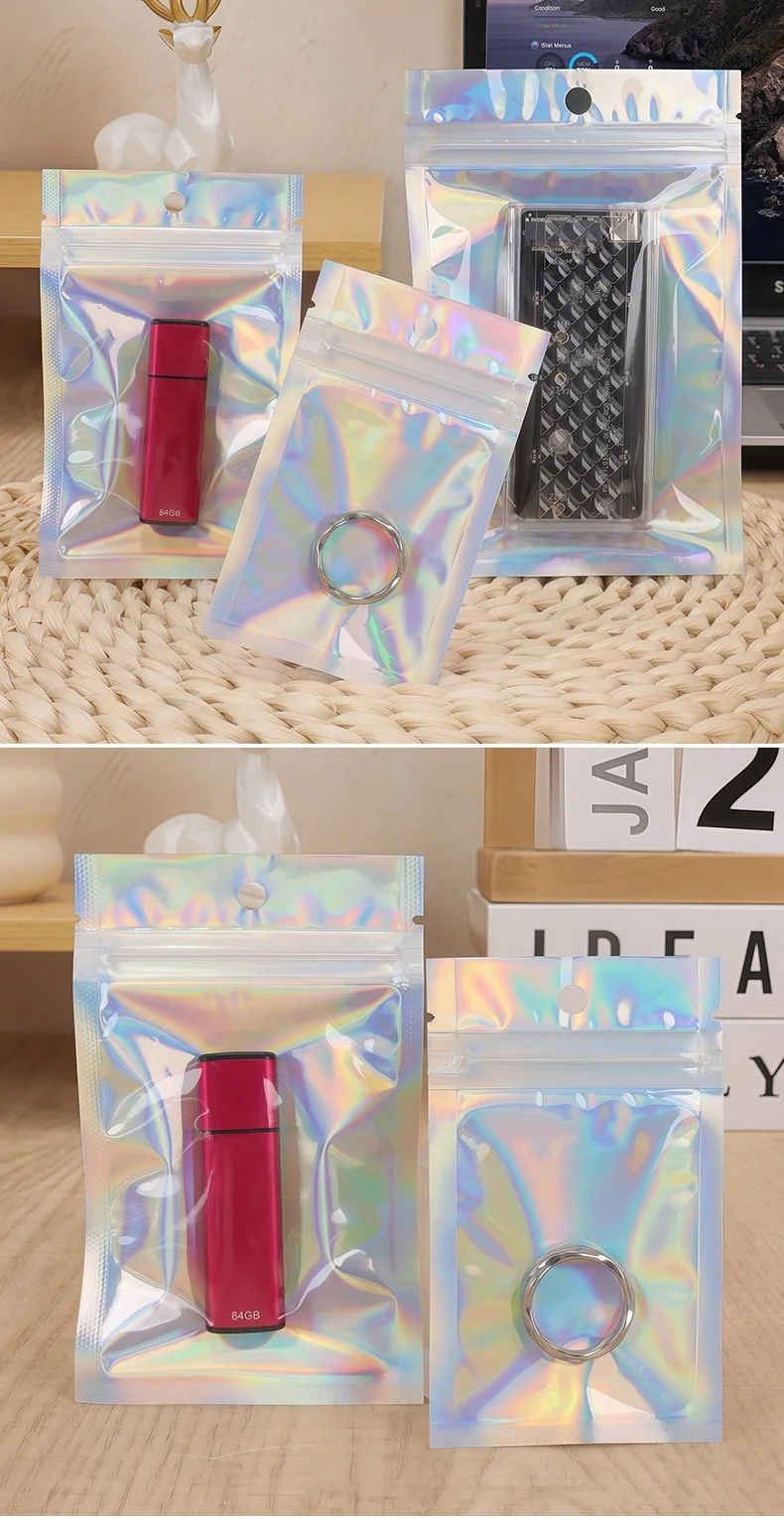 Holographic Resealable Ziplock Mylar Bags For Candy Tea Jewelry And Beauty Item Storage