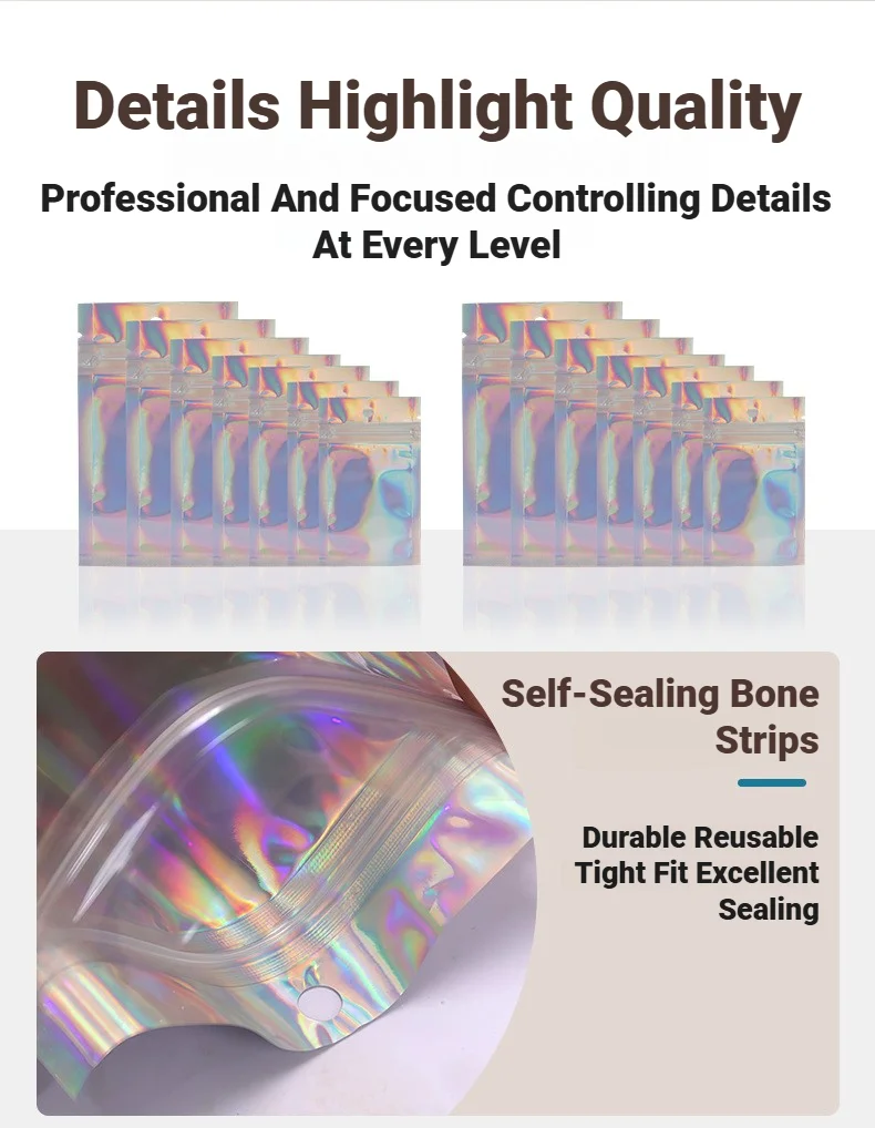 Holographic Resealable Ziplock Mylar Bags For Candy Tea Jewelry And Beauty Item Storage