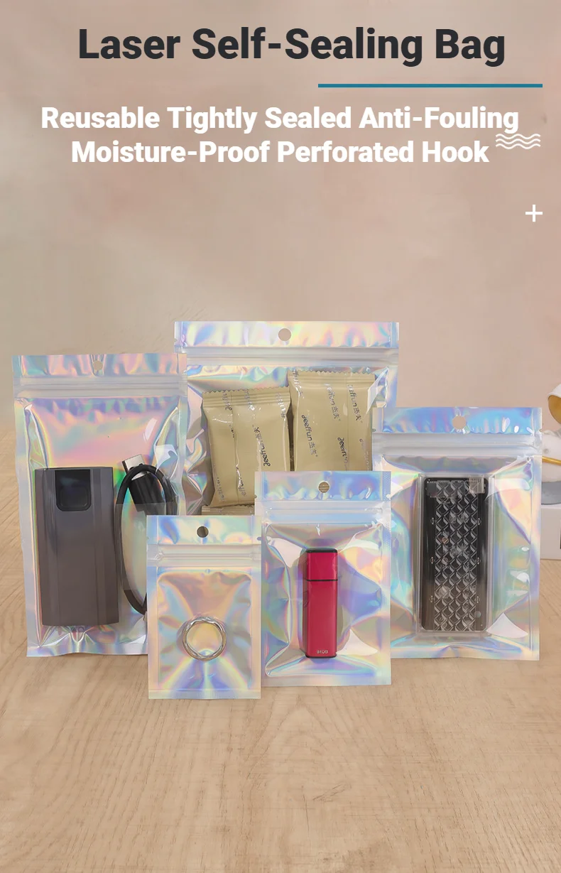 Holographic Resealable Ziplock Mylar Bags For Candy Tea Jewelry And Beauty Item Storage