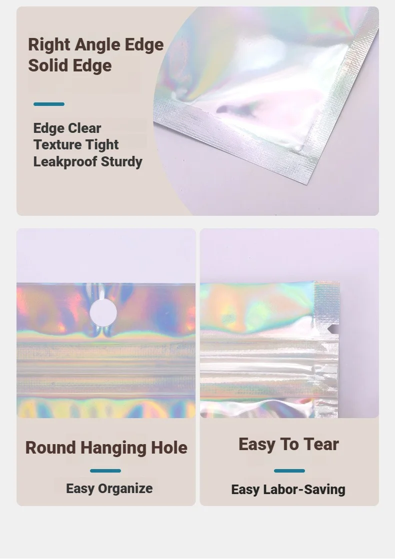 Holographic Resealable Ziplock Mylar Bags For Candy Tea Jewelry And Beauty Item Storage