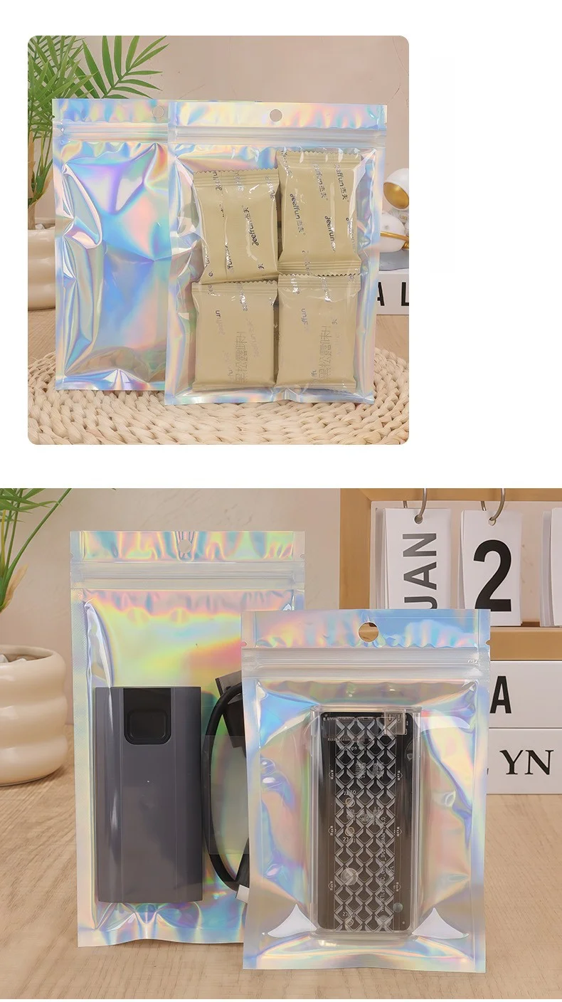 Holographic Resealable Ziplock Mylar Bags For Candy Tea Jewelry And Beauty Item Storage
