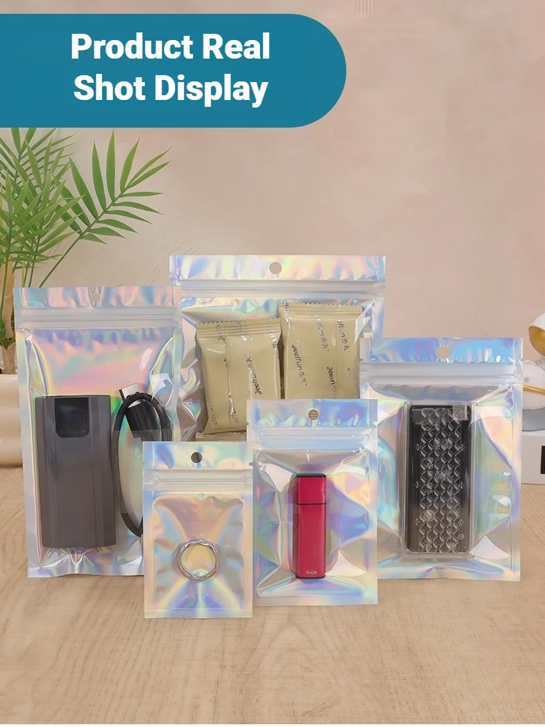 Holographic Resealable Ziplock Mylar Bags For Candy Tea Jewelry And Beauty Item Storage