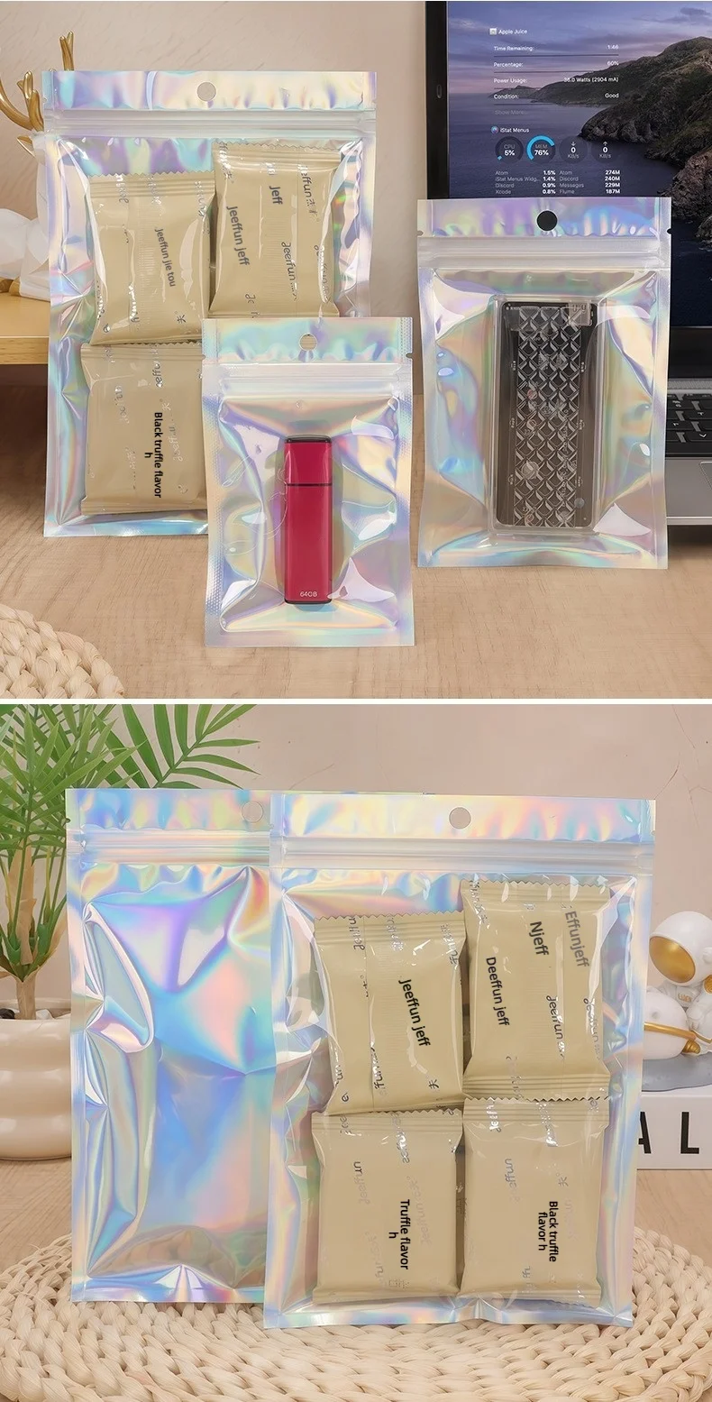 Holographic Resealable Ziplock Mylar Bags For Candy Tea Jewelry And Beauty Item Storage