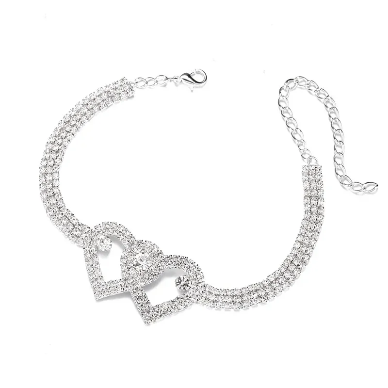 Bling Double Heart Anklet For Women Crystal Cubic Zirconia Chain On The Leg Summer Beach Ankle Bracelet Wedding Foot Jewelry