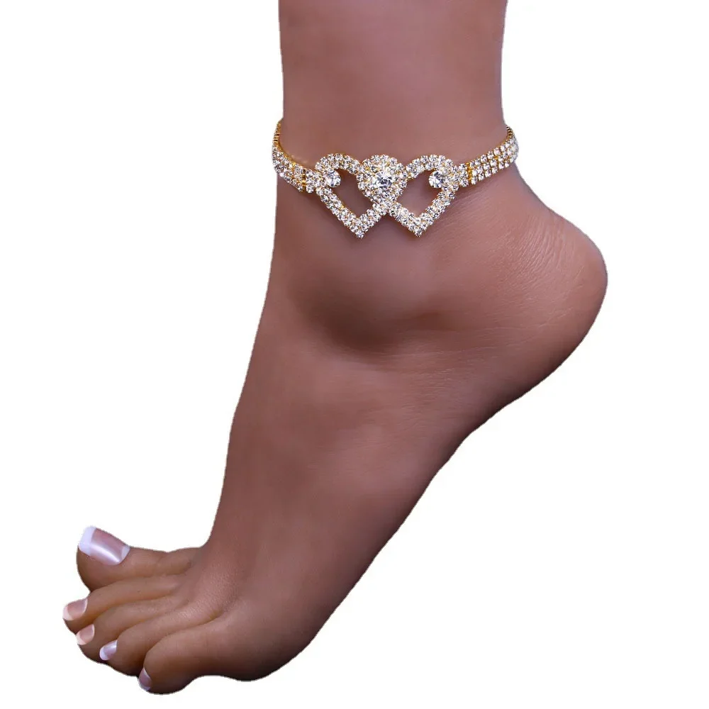 Bling Double Heart Anklet For Women Crystal Cubic Zirconia Chain On The Leg Summer Beach Ankle Bracelet Wedding Foot Jewelry