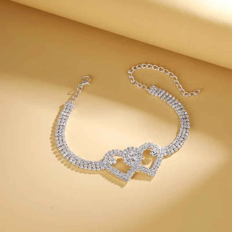 Bling Double Heart Anklet For Women Crystal Cubic Zirconia Chain On The Leg Summer Beach Ankle Bracelet Wedding Foot Jewelry