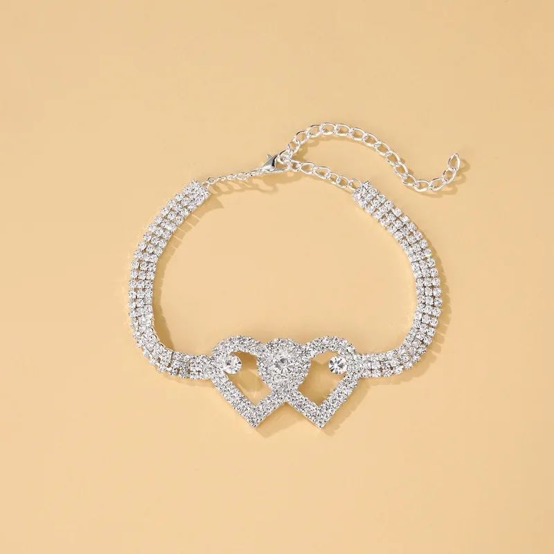 Bling Double Heart Anklet For Women Crystal Cubic Zirconia Chain On The Leg Summer Beach Ankle Bracelet Wedding Foot Jewelry