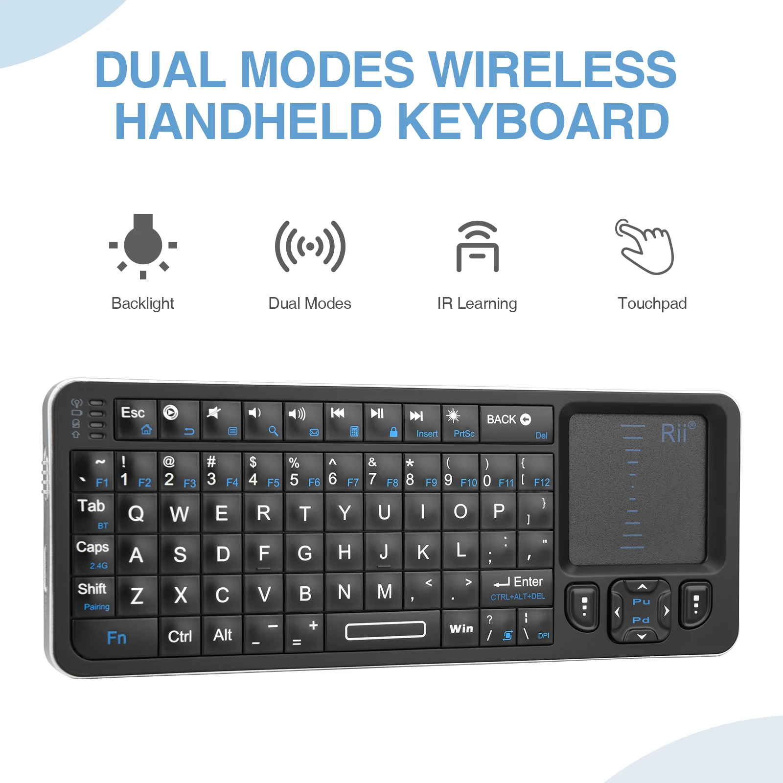 Rii K06 Mini Bluetooth Keyboard,Backlit 2.4GHz Wireless Keyboard with IR Learning Touchpad Android TV Box, Mac, Laptop, Windows