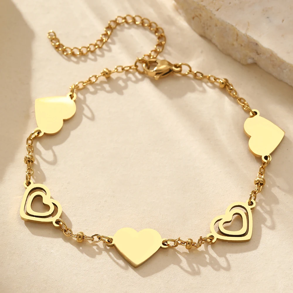 Stainless Steel Bracelets Fresh Double Heart Design Openwork Carving Noble Bracelets For Women Jewelry Luxuries Banquet Gifts