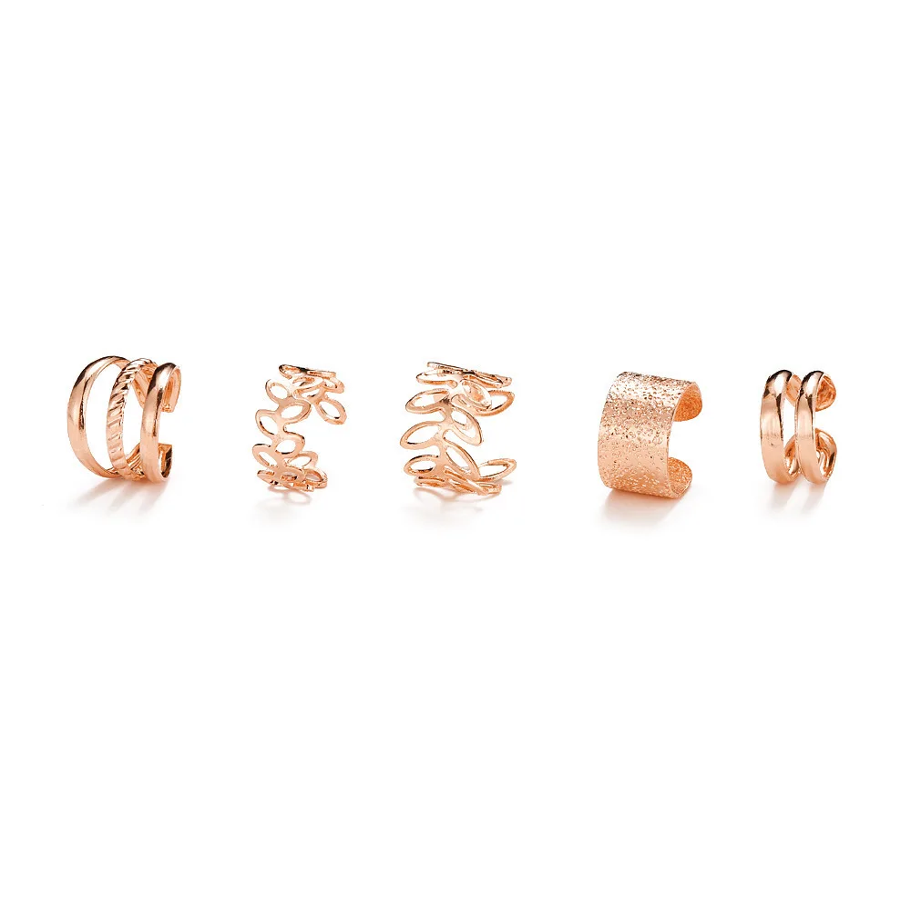 5pcs/set Retro Multi-element Leaf Geometric Ear Cuff Non-Piercing Ear Bone Clip Men and Women Summer Jewelry Boho