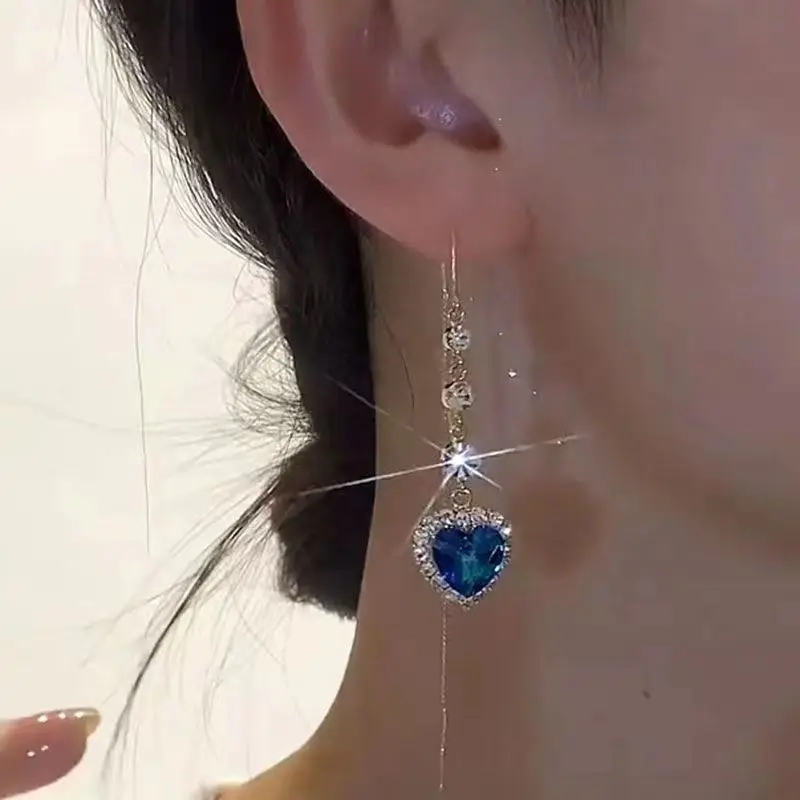 New Blue Heart Shaped Zircon Earrings For Women Light Luxury Long Tassel Ear Wire Dangle Earring Ladies Wedding Party Jewelry