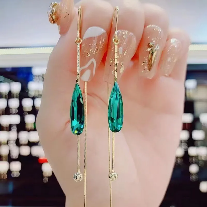 New Blue Heart Shaped Zircon Earrings For Women Light Luxury Long Tassel Ear Wire Dangle Earring Ladies Wedding Party Jewelry