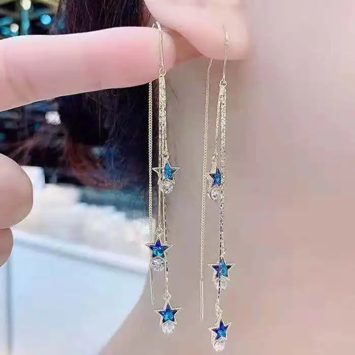 New Blue Heart Shaped Zircon Earrings For Women Light Luxury Long Tassel Ear Wire Dangle Earring Ladies Wedding Party Jewelry