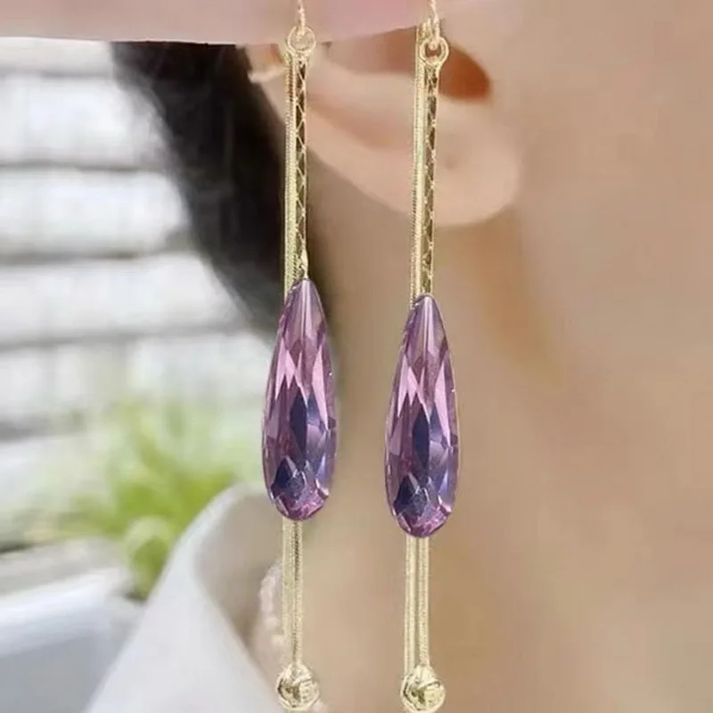 New Blue Heart Shaped Zircon Earrings For Women Light Luxury Long Tassel Ear Wire Dangle Earring Ladies Wedding Party Jewelry