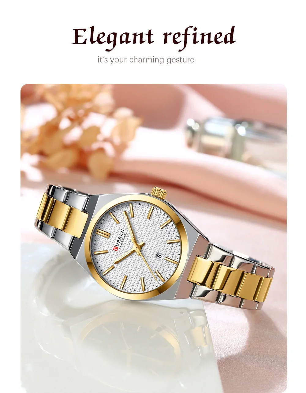 CURREN Japan Quartz Women Watch Stainless steel Bracelet "Love" Dial Fashion Elegant Waterproof Luminous Quartz Watch for Ladies