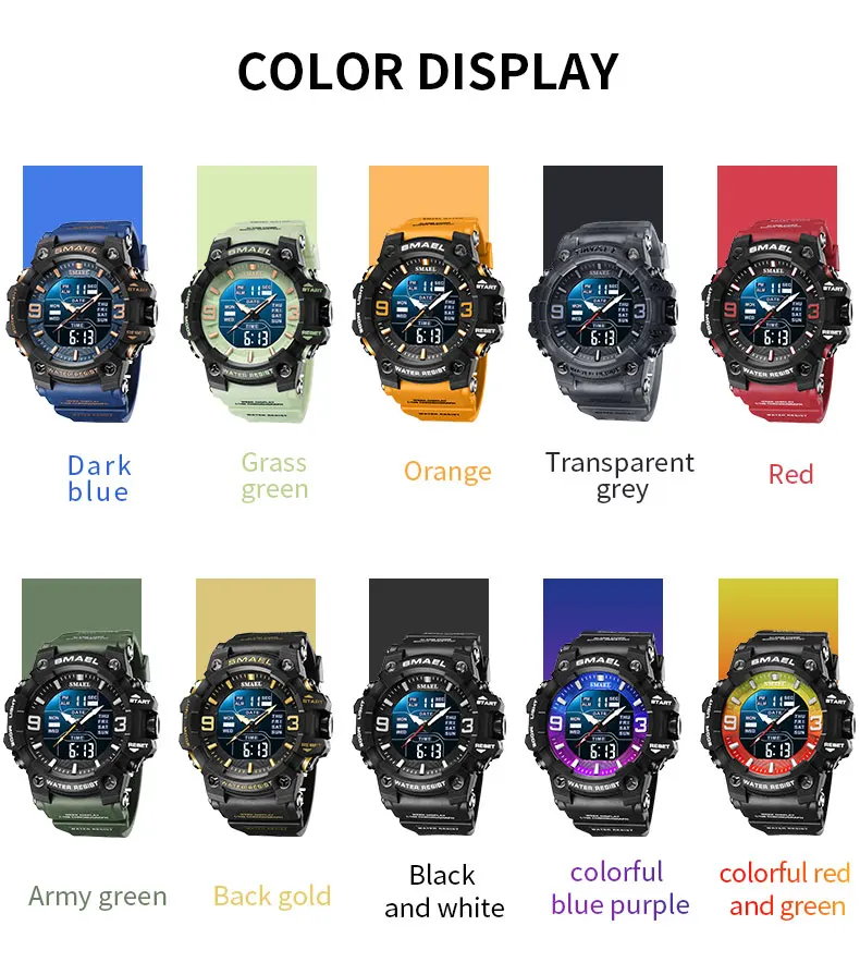 SMAEL 8049 Watch Sport LED Light Alarm Clock Dual Time Display WaterproofWeek Auto Date Wristwatches Quartz
