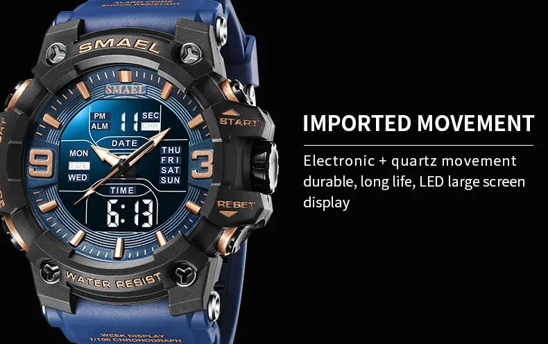 SMAEL 8049 Watch Sport LED Light Alarm Clock Dual Time Display WaterproofWeek Auto Date Wristwatches Quartz