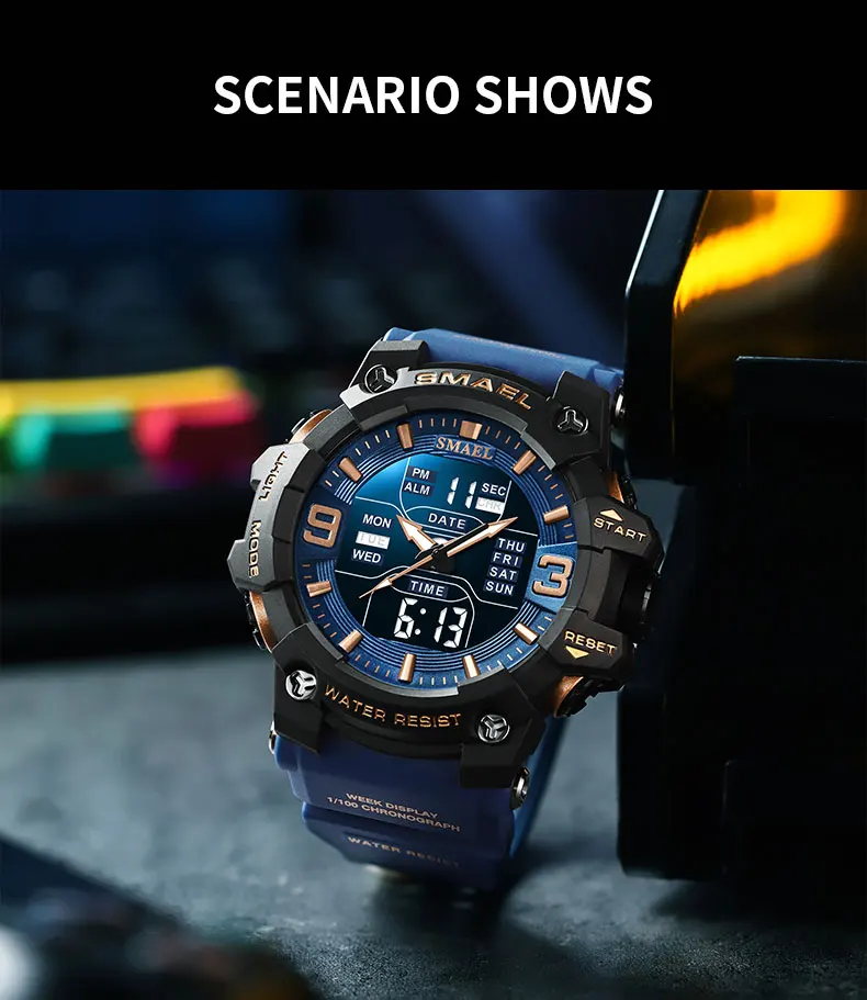 SMAEL 8049 Watch Sport LED Light Alarm Clock Dual Time Display WaterproofWeek Auto Date Wristwatches Quartz
