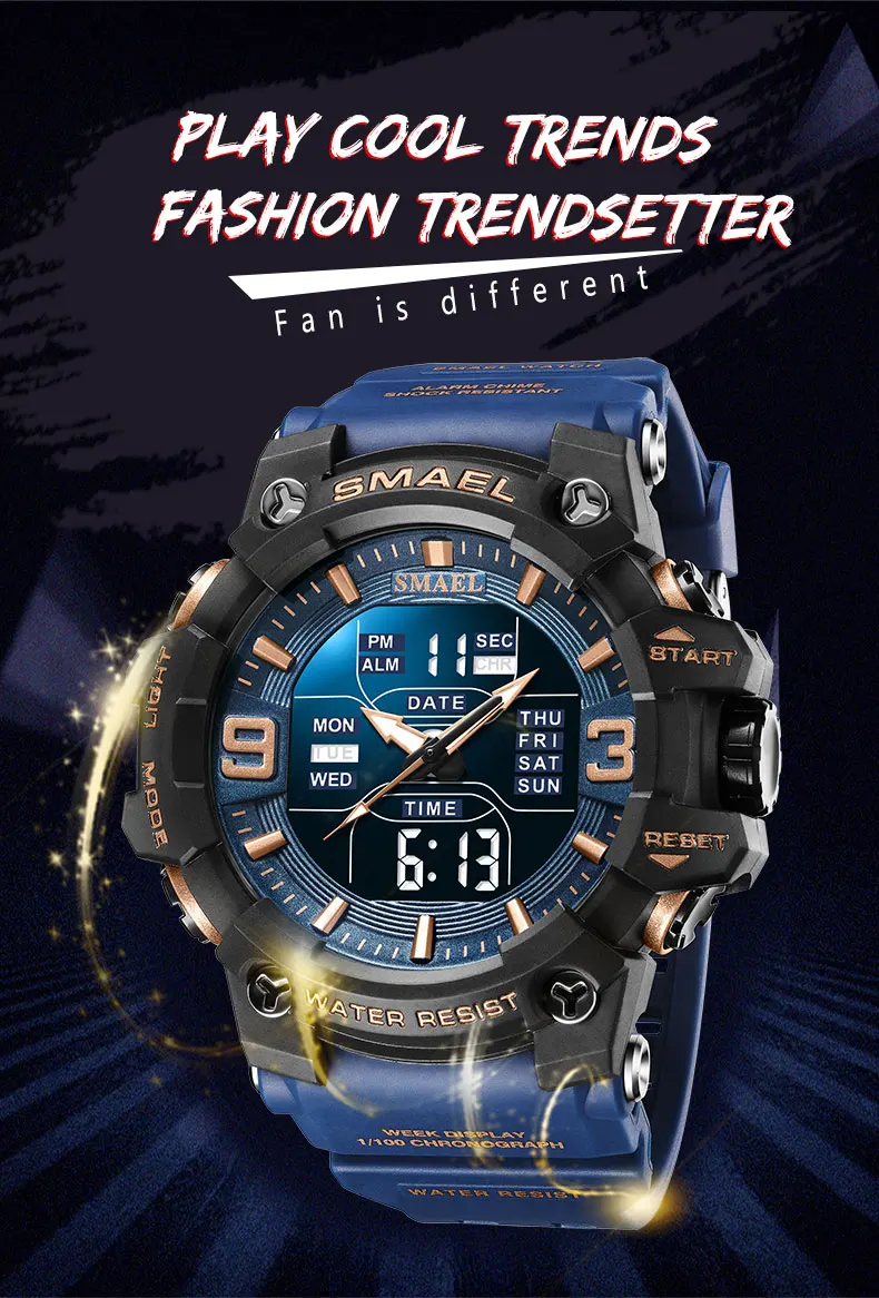 SMAEL 8049 Watch Sport LED Light Alarm Clock Dual Time Display WaterproofWeek Auto Date Wristwatches Quartz