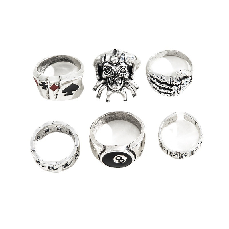 7pcs Set Punk Hip Hop Stainless Steel Men Ring Vintage Spider Bat Skull Two-headed Snake Opening Rings Jewelry Gothic Accesorios