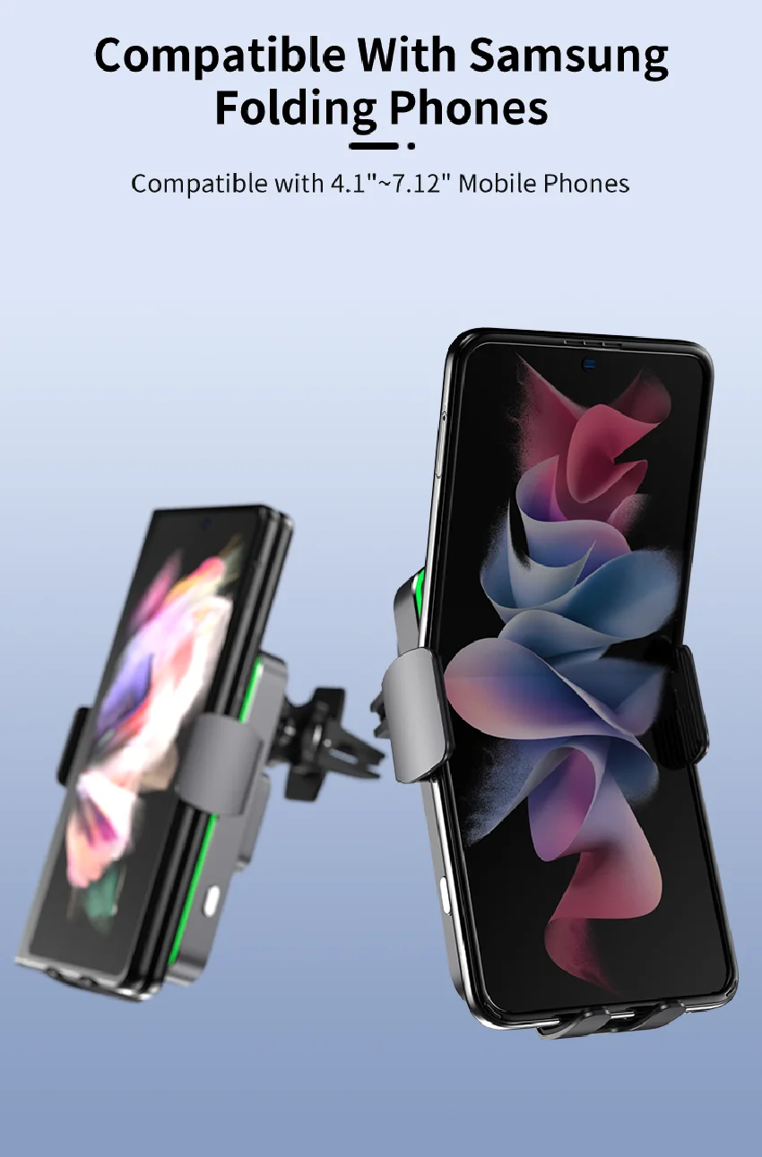Wireless Car Charger Dual Coil Car Phone Holder Stand for Samsung Galaxy Z Flip 5 4 3 S22 S21 iPhone 14 13 Fast Charging Station