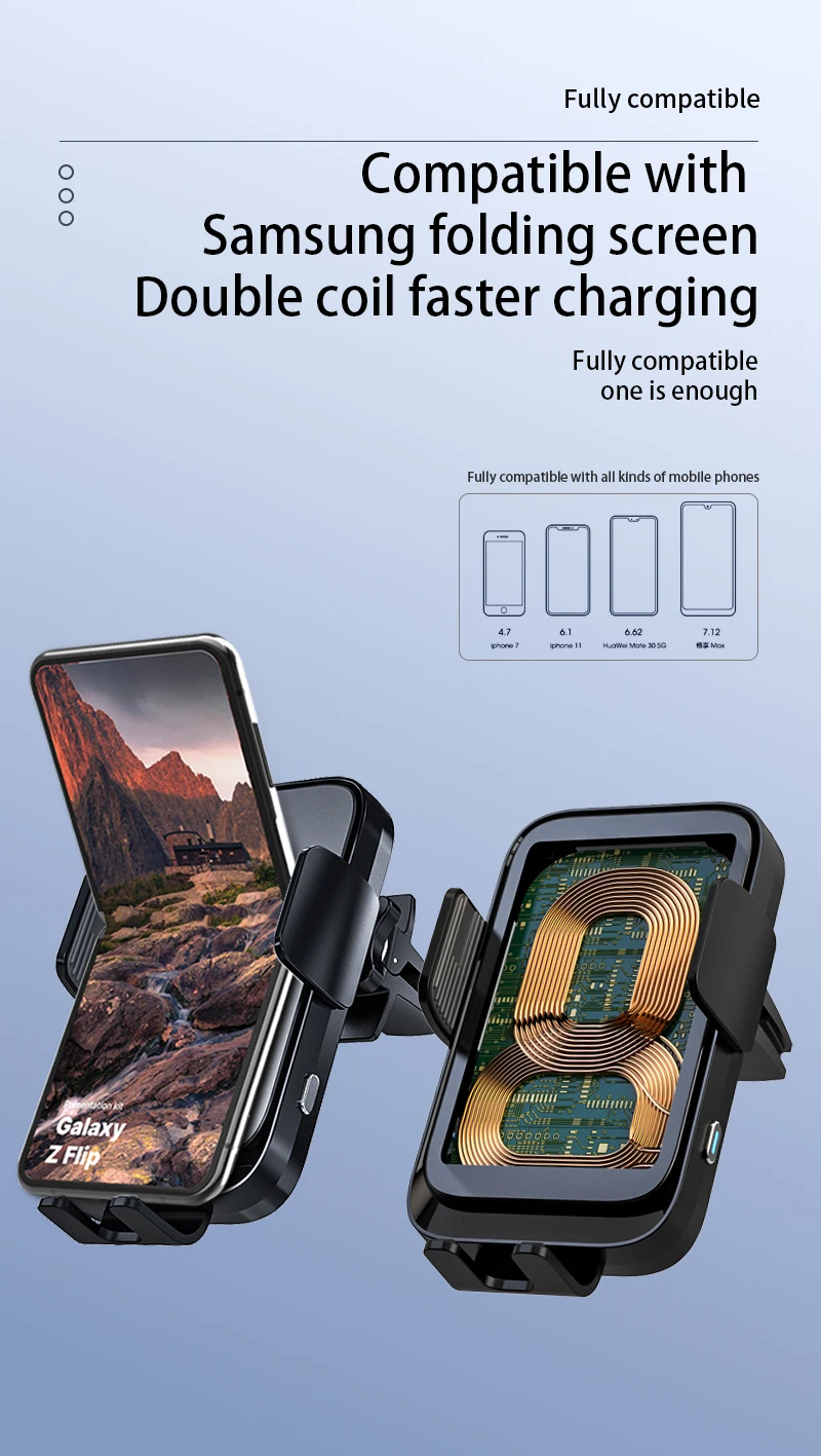Wireless Car Charger Dual Coil Car Phone Holder Stand for Samsung Galaxy Z Flip 5 4 3 S22 S21 iPhone 14 13 Fast Charging Station