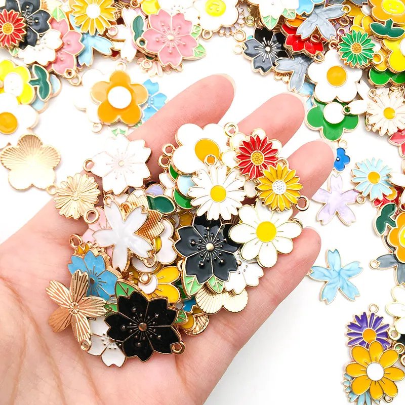 Mixed 20/30/50pcs Floral Series Flowers Charms Assorted Enamel Pendants For Jewelry Making DIY Necklace Bracelet Earrings Making