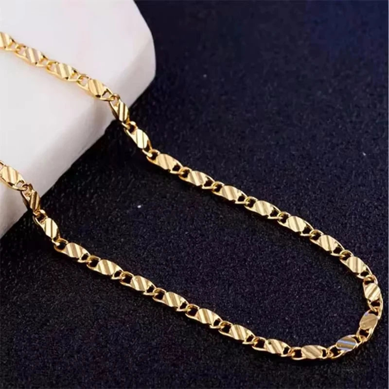 Fashion 18K Gold Necklace 2MM 16/18/20/22/24/26/28/30 Inch Side Chain Necklace For Women Men Jewelry 925 Silver Necklace