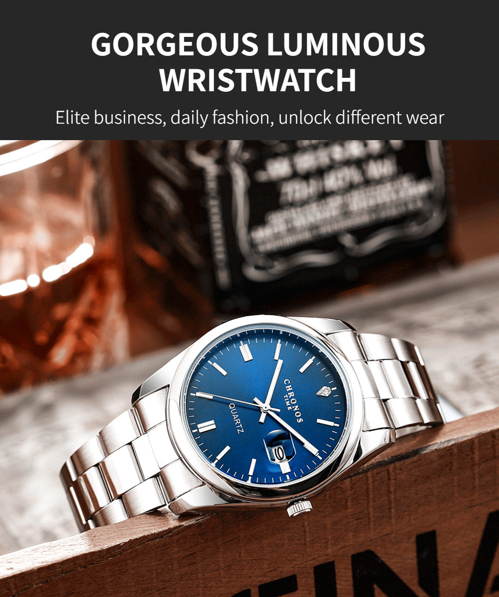 CHRONOS Top Brand Luxury Man Wristwatch Waterproof Luminous Date Men Watches Stainless Steel Quartz Men's Watch Male reloj