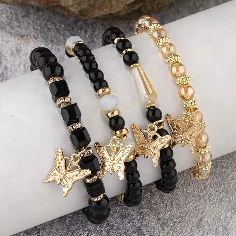 4Pcs Bohemian Butterfly Charm Bracelet Set For Women Crystal Beads Chain Bangle Female Fashion Party Jewelry Gift