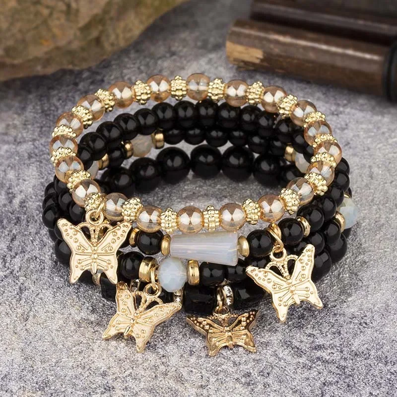 4Pcs Bohemian Butterfly Charm Bracelet Set For Women Crystal Beads Chain Bangle Female Fashion Party Jewelry Gift